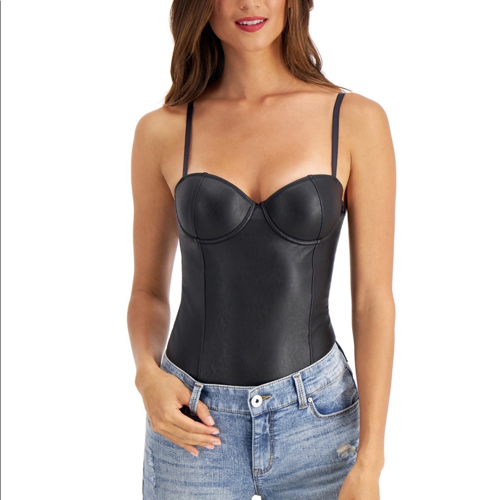 Faux leather thong bodysuit